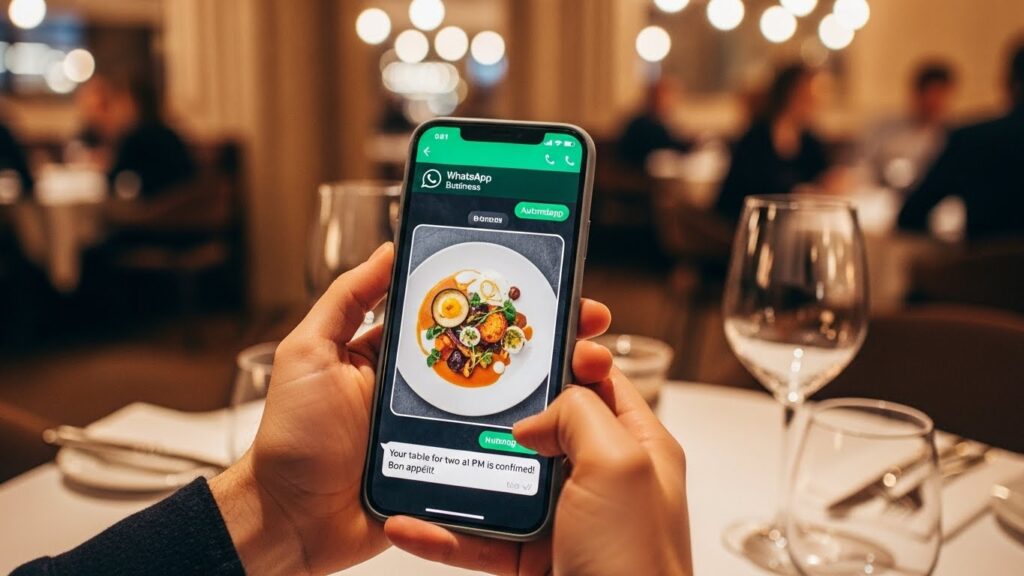como organizar reservas pelo whatsapp: Tela de celular exibindo uma conversa no WhatsApp com confirmação automática de mesa, ilustrando como organizar reservas pelo WhatsApp em restaurantes.