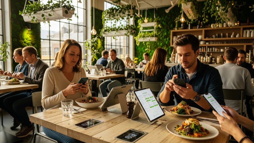 Interior de um restaurante futurista e sustentável em 2026: clientes fazem pedidos via QR Code e tablets digitais em mesas de madeira, cercados por jardins verticais, muita luz natural e pratos saudáveis.